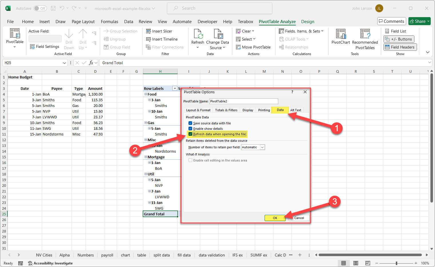 pivottable table data settings
