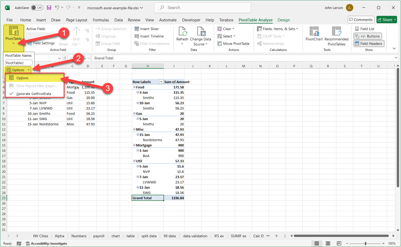 pivottable options