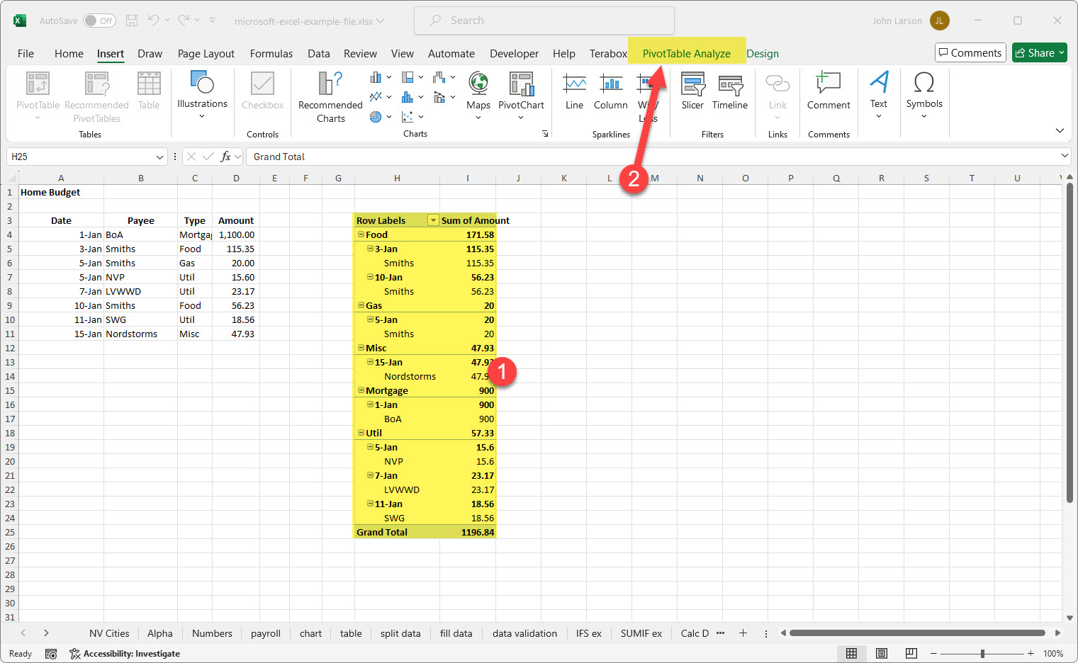 access pivottable analyze options