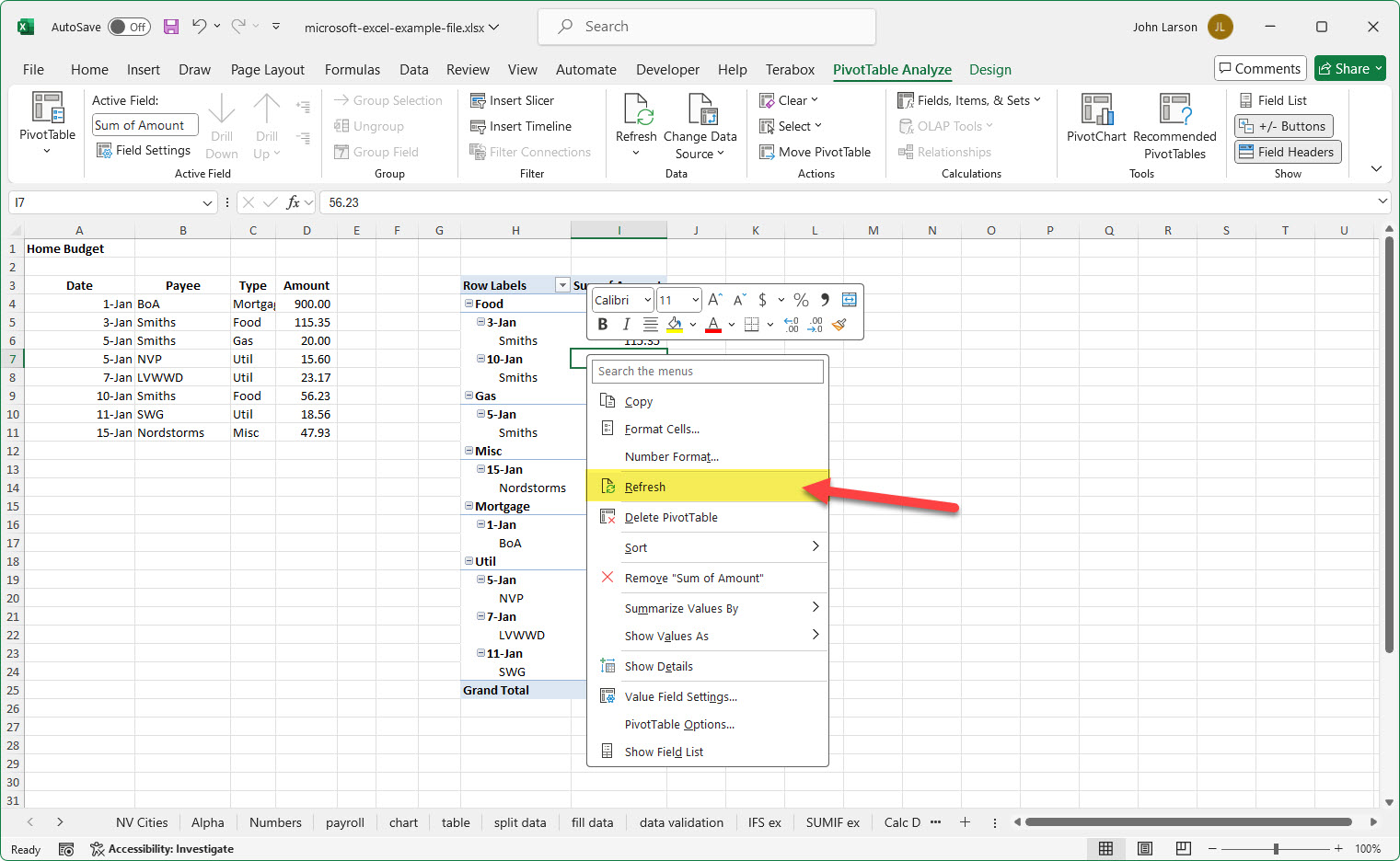 pivottable refresh mouse