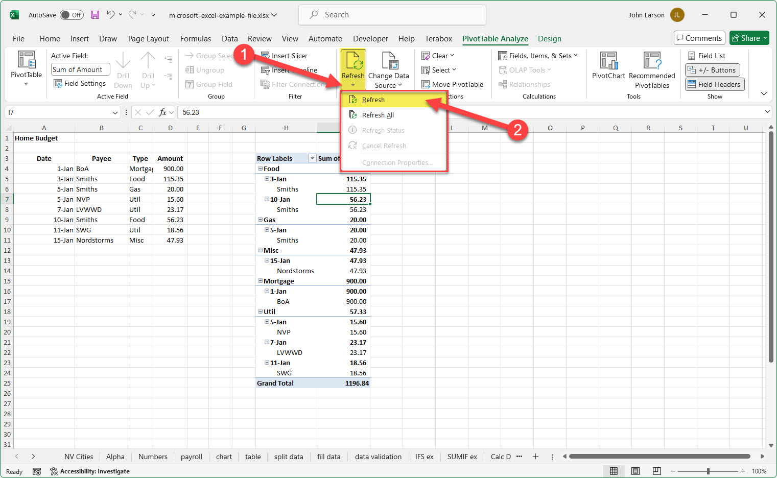 pivottable refresh button