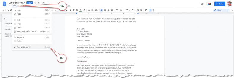 Google Docs - find replace