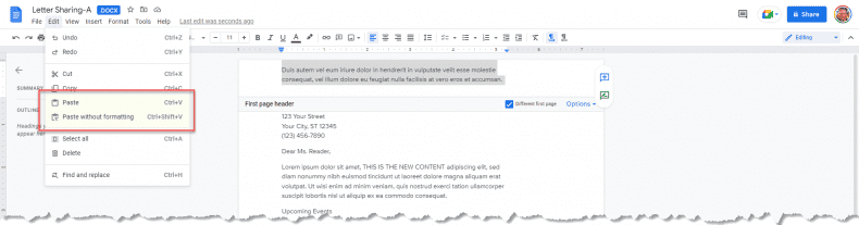 Google Docs - copy, cut, paste
