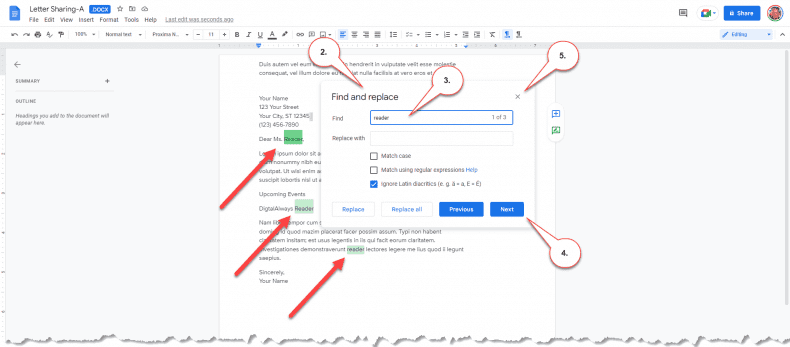 Google Docs - find replace