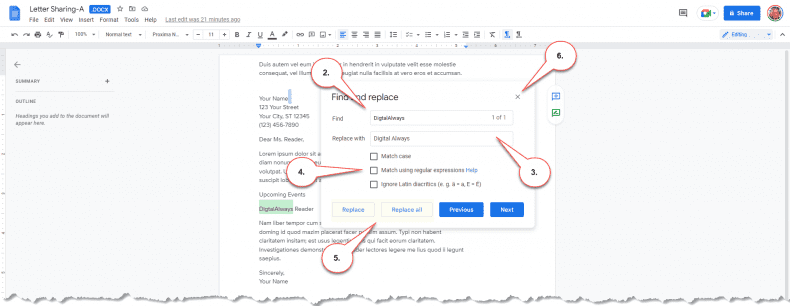 Google Docs - find replace