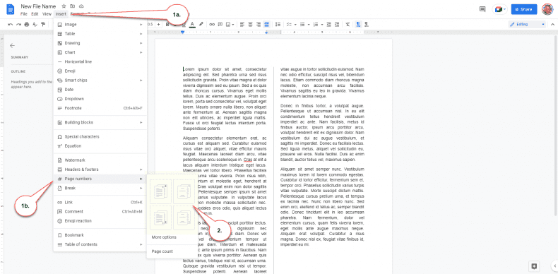 Google Docs - headers - footers
