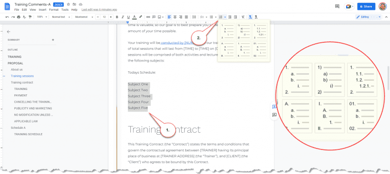 Google Docs - list types
